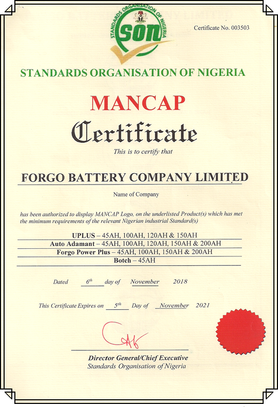 Forgo Battery Limited MANCAP Certification